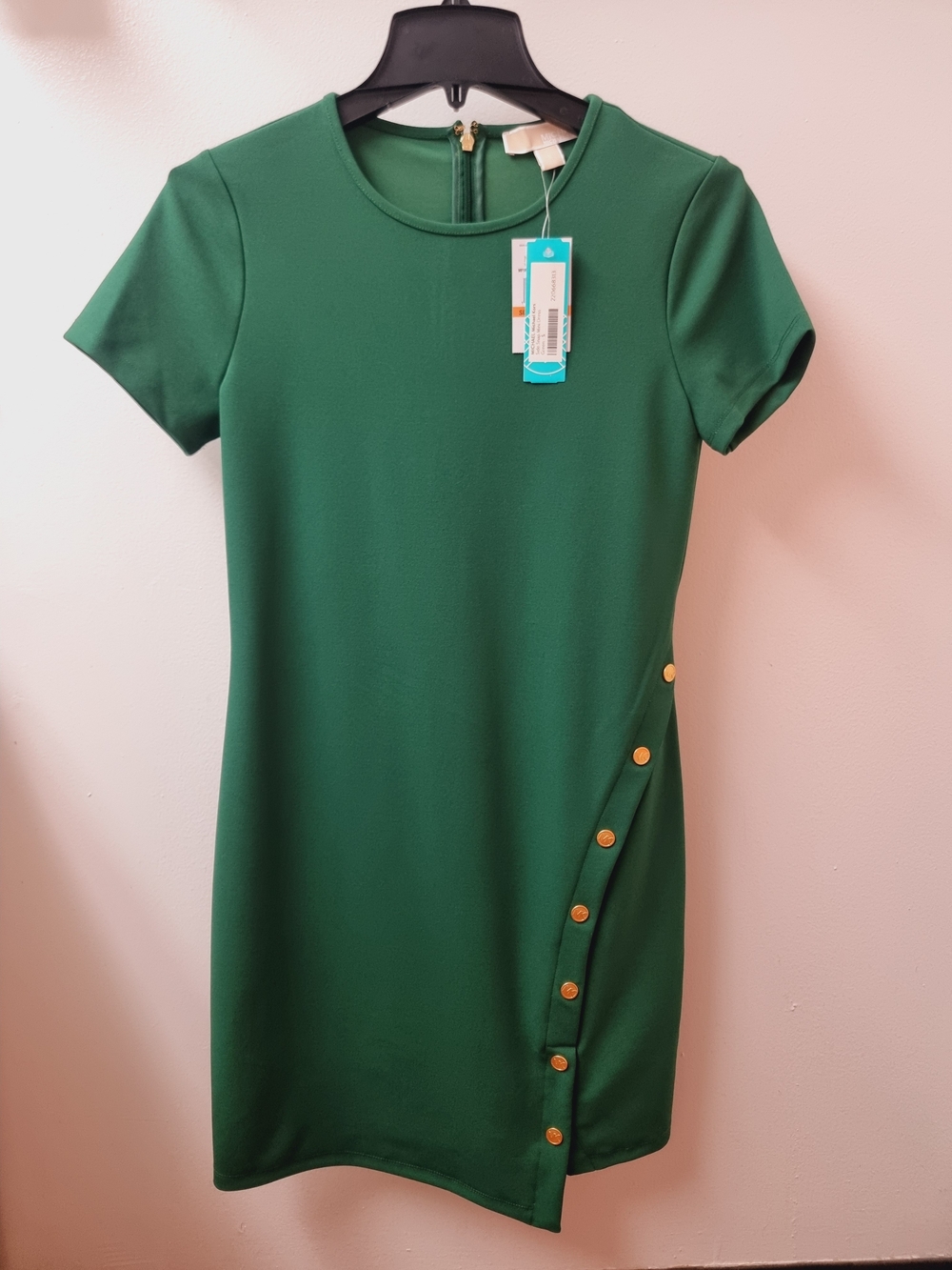 Michael Kors Emerald Green Short Sleeve Shift Dress with Gold Buttons